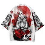 White Tiger Japanese Flag Floral Kimono Shirt Back