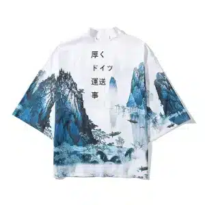 White and Blue Mountain Landscape Kimono