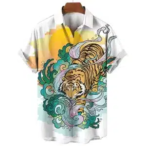 White and Yellow Ocean Wave Tiger Hawaiian Shirt