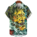 Yellow Oni Mask and Ocean Waves Button-Up Shirt