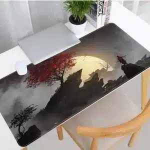 Crimson Tree Moonlit Mountain Samurai Mouse Pad Desk Mat