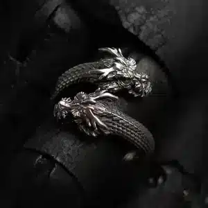 Dual-Headed Dragon Emblem Ring - Antique Silver Finish