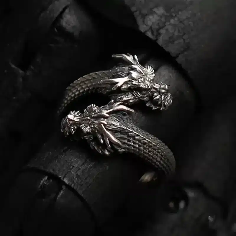 Dual-Headed Dragon Emblem Ring - Antique Silver Finish