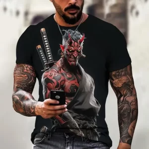 Fierce Oni Samurai Tattoo Graphic Men's Bold Black T-Shirt