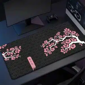 Pink Sakura Blossoms Black Wave Pattern Mouse Pad Desk Mat