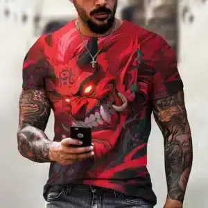 Red Oni Demon Face Graphic Men's Streetwear T-Shirt