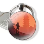 Samurai Silhouette and Pagoda Sunset Keychain