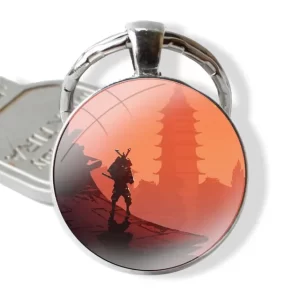 Samurai Silhouette and Pagoda Sunset Keychain