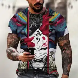 Vibrant Oni Mask and Claw Samurai-Inspired T-Shirt