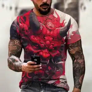 Vivid Red Oni Demon Face Men's Streetwear T-Shirt