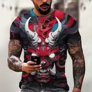 Vivid Red and Blue Oni Demon Face T-Shirt