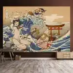 Anime Girls Riding the Great Wave Ukiyo-e Inspired Tapestry