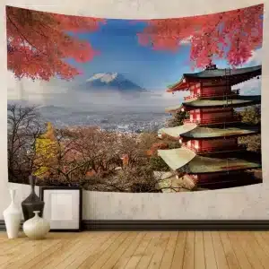 Autumn Red Maple Pagoda with Mount Fuji Tapestry