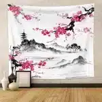 Cherry Blossom and Pagoda Japanese Ink Art Tapestry