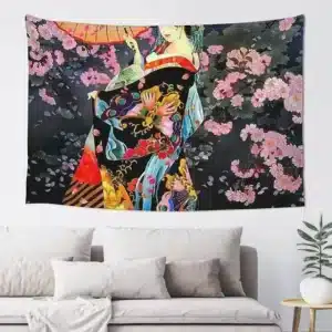 Colorful Geisha Floral Sakura Blossoms Tapestry