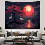 Crane and Full Moon Nightscape Wall Art Tapestry