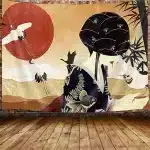 Elegant Geisha Red Sun and Cranes Japanese Art Tapestry