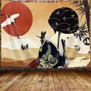 Elegant Geisha Red Sun and Cranes Japanese Art Tapestry