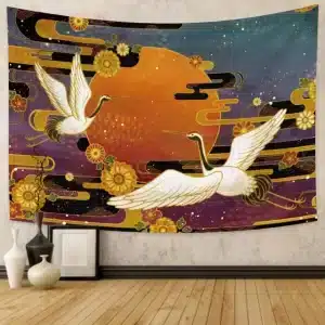 Elegant Japanese Crane Floral Art Tapestry