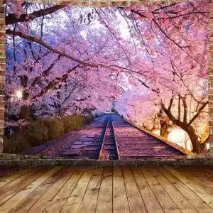 Enchanted Sakura Cherry Blossom Railway Tapestry