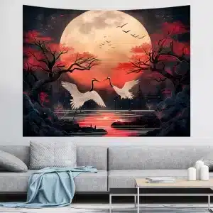 Full Moon Dance of the Cranes Night Blossom Tapestry