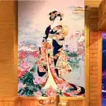 Geisha in Serene Garden Floral Kimono Tapestry