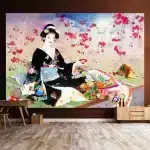 Geisha in Spring Cherry Blossoms Garden Tapestry