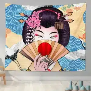 Geisha with Hand Fan and Floral Hair Ornaments Tapestry