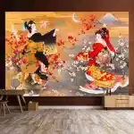 Geishas in Dance with Blossoms and Moon Tapestry