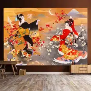 Geishas in Dance with Blossoms and Moon Tapestry