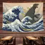 Godzilla vs. Great Wave Japanese Ukiyo-e Style Tapestry