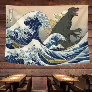 Godzilla vs. Great Wave Japanese Ukiyo-e Style Tapestry