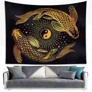 Golden Yin Yang Koi Fish Zen Wall Art Tapestry with Stars