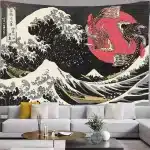 Great Wave and Koi Fish Japanese Ukiyo-e Style Tapestry