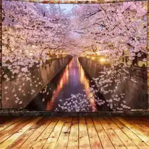 Illuminated Cherry Blossom Canal Wall Tapestry