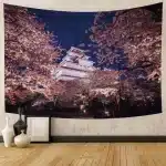 Illuminated Sakura Blossoms Night Castle Tapestry