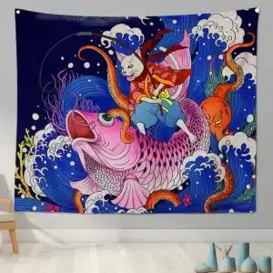 Japanese Cat Fisherman Riding Giant Koi Fish Tapestry