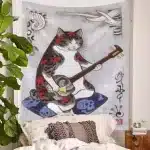 Japanese Cat Playing Shamisen Folklore Art Tapestry