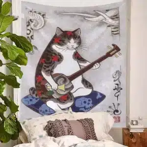 Japanese Cat Playing Shamisen Folklore Art Tapestry