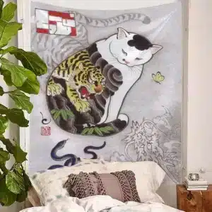 Japanese Folklore Art Cat with Tiger Tattoo Tapestry