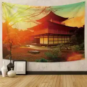 Japanese Garden Golden Temple Kyoto Sunset Tapestry