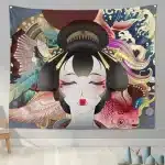 Japanese Geisha Koi and Crane Art Tapestry