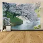 Japanese Landscape Cherry Blossom River Tapestry