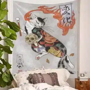 Japanese Oni Cat Tapestry with Skull and Flames