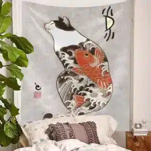 Japanese Red Koi Fish Tattoo Art Cat Tapestry