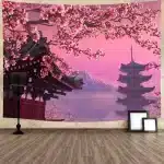 Japanese Sakura Blossom & Pagoda at Dusk Tapestry