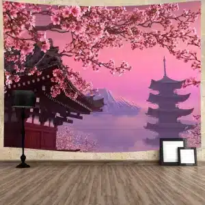 Japanese Sakura Blossom & Pagoda at Dusk Tapestry