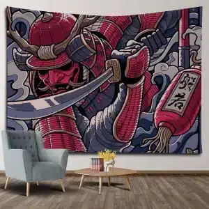 Japanese Samurai Warrior Red Armor and Katana Tapestry