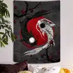 Japanese Zen Decor Dark Yin Yang Koi Fish Tapestry