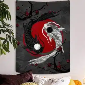 Japanese Zen Decor Dark Yin Yang Koi Fish Tapestry